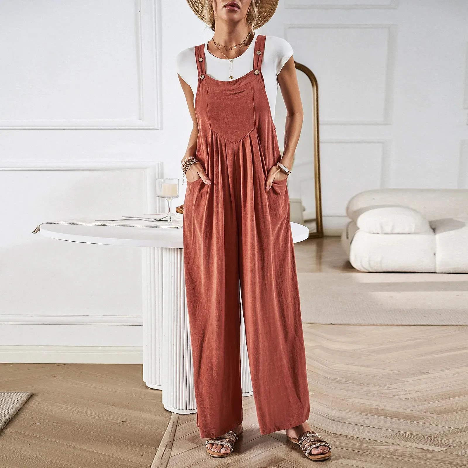 Cotton Linen Wide Leg Maxi Jumpsuits  Vintage Solid Casual