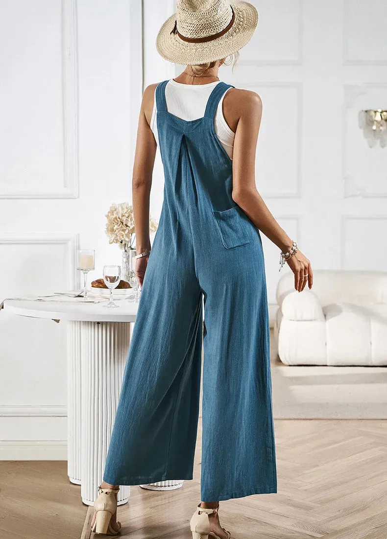 Cotton Linen Wide Leg Maxi Jumpsuits  Vintage Solid Casual