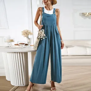 Cotton Linen Wide Leg Maxi Jumpsuits  Vintage Solid Casual