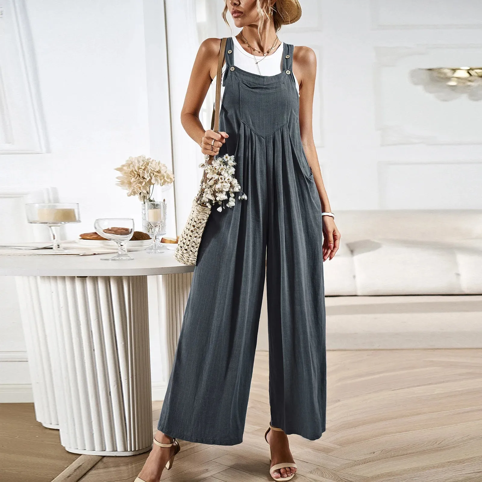 Cotton Linen Wide Leg Maxi Jumpsuits  Vintage Solid Casual