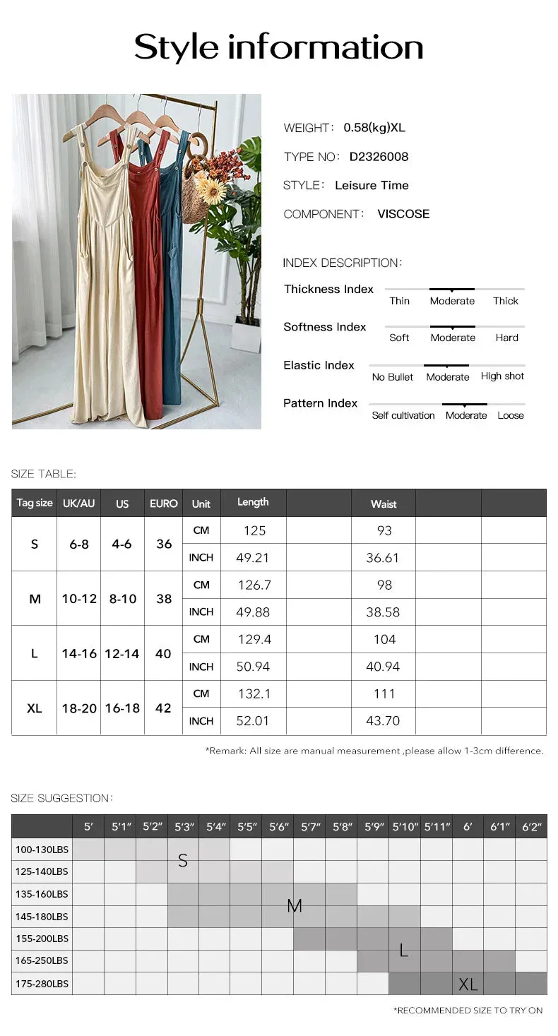 Cotton Linen Wide Leg Maxi Jumpsuits  Vintage Solid Casual
