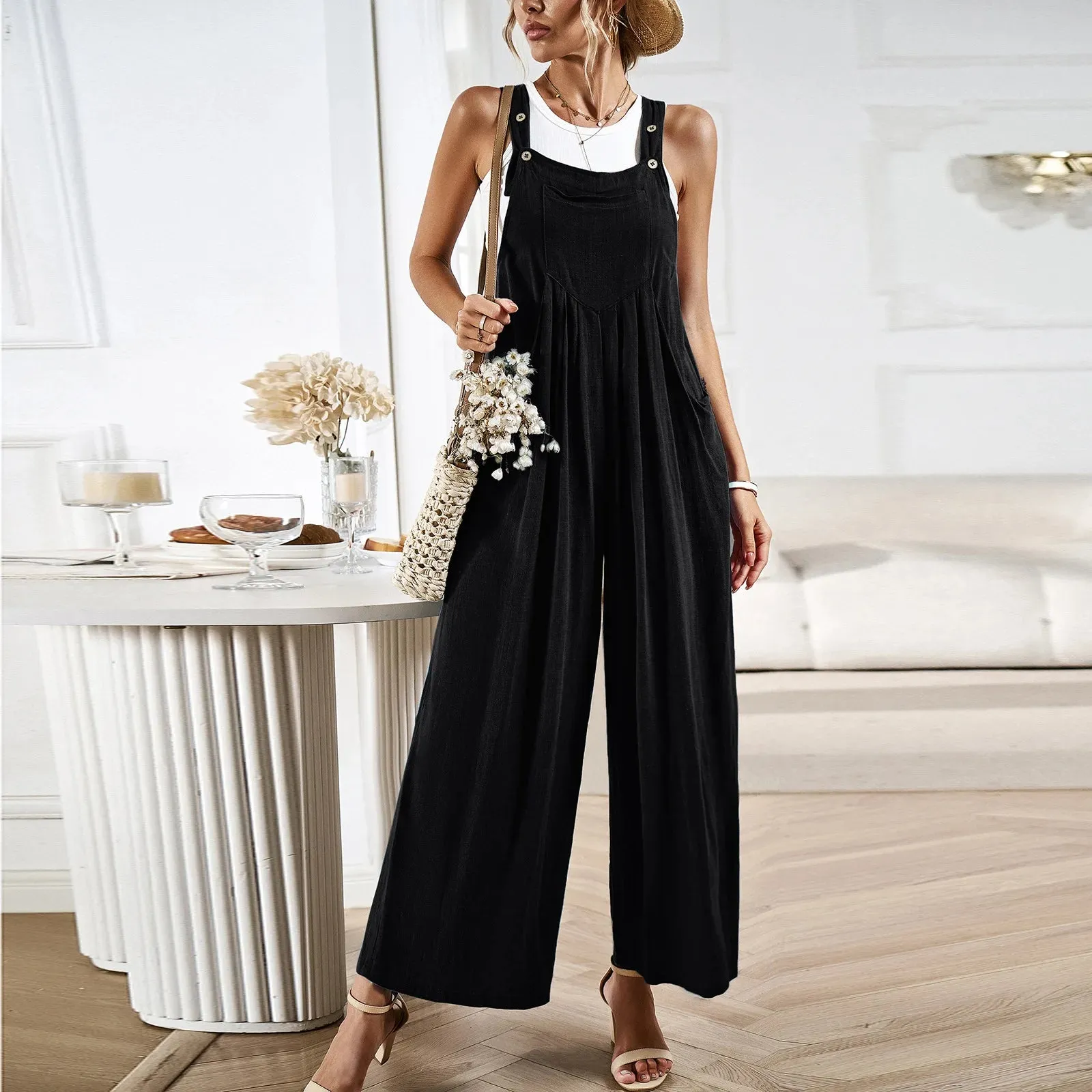 Cotton Linen Wide Leg Maxi Jumpsuits  Vintage Solid Casual