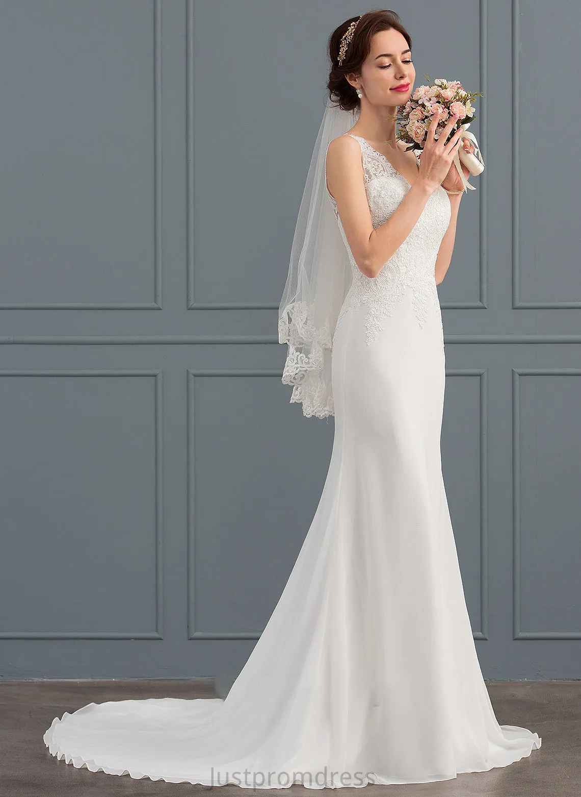 Court Wedding Dresses Chiffon Train Zariah V-neck Trumpet/Mermaid Wedding Dress