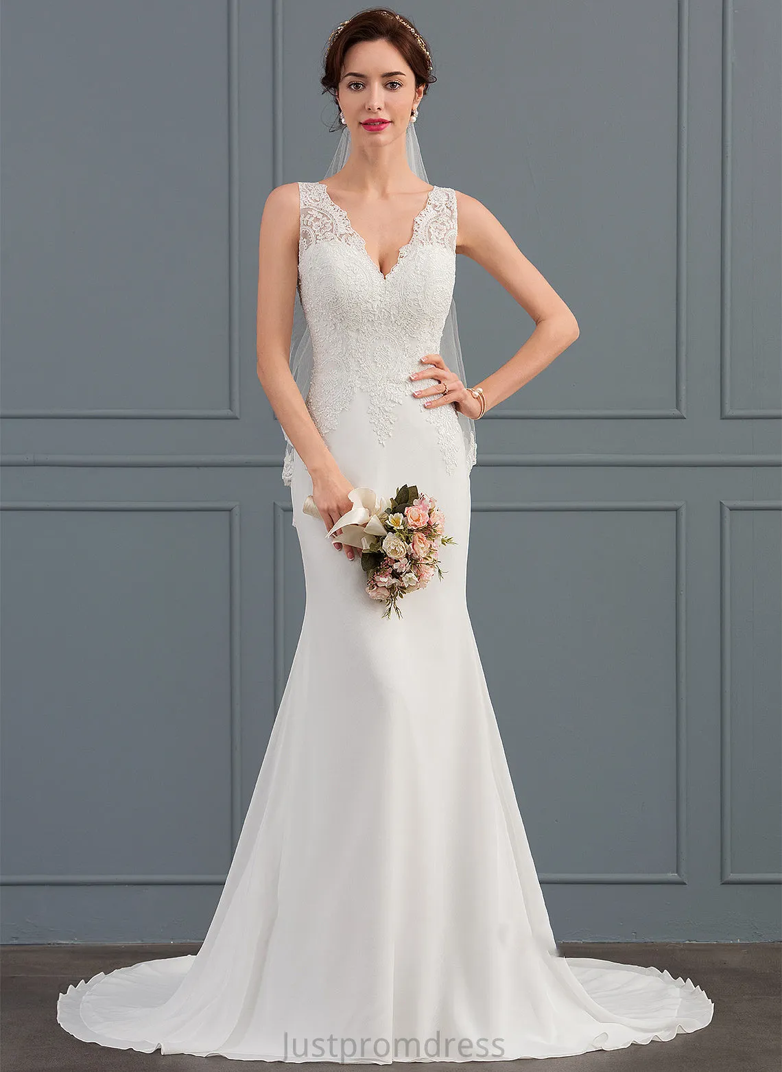 Court Wedding Dresses Chiffon Train Zariah V-neck Trumpet/Mermaid Wedding Dress