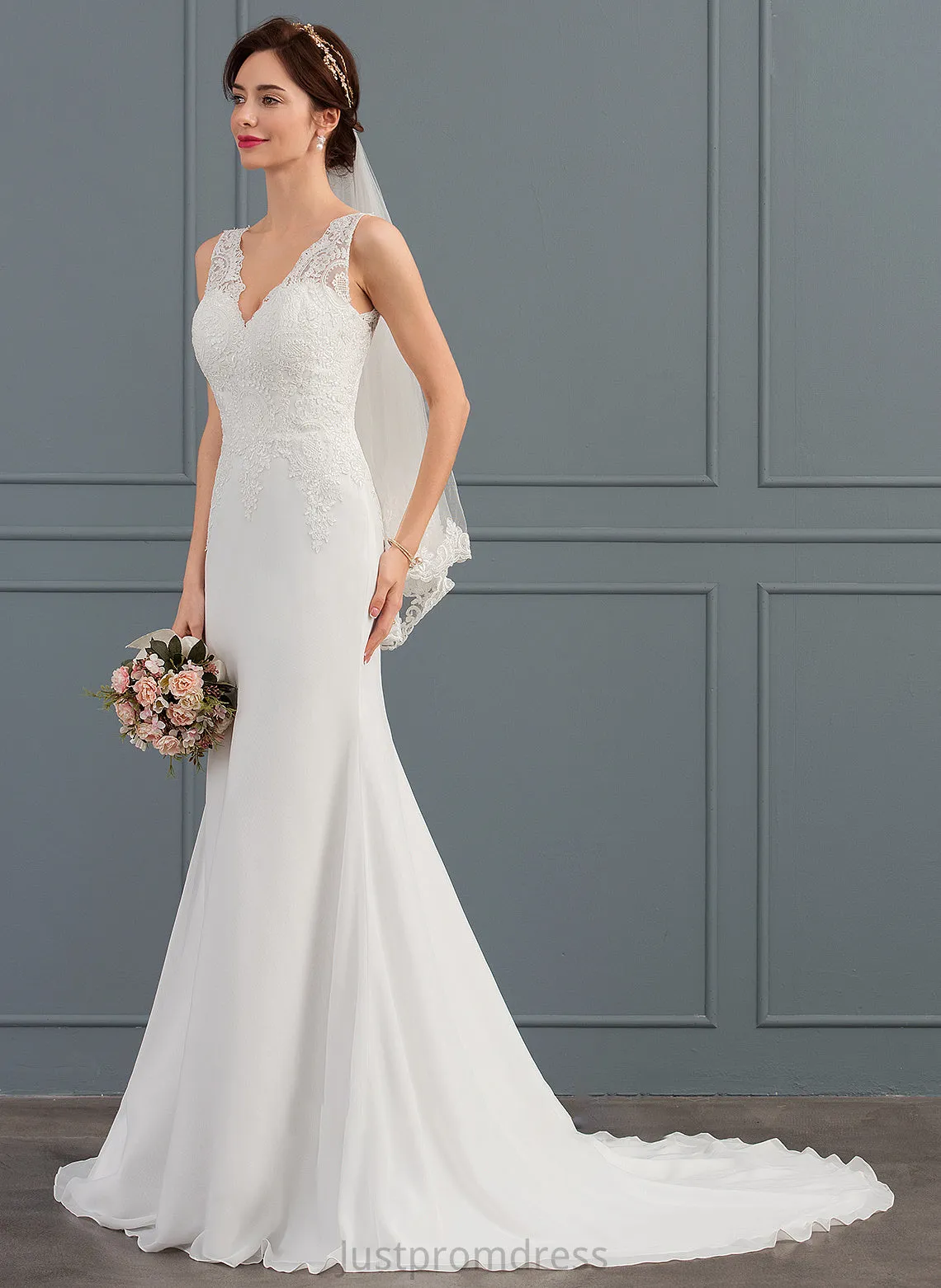Court Wedding Dresses Chiffon Train Zariah V-neck Trumpet/Mermaid Wedding Dress