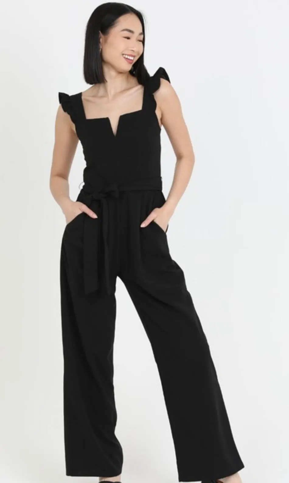 Cyndra Black Notch Neck Ruffle Strap Jumpsuit With Pockets