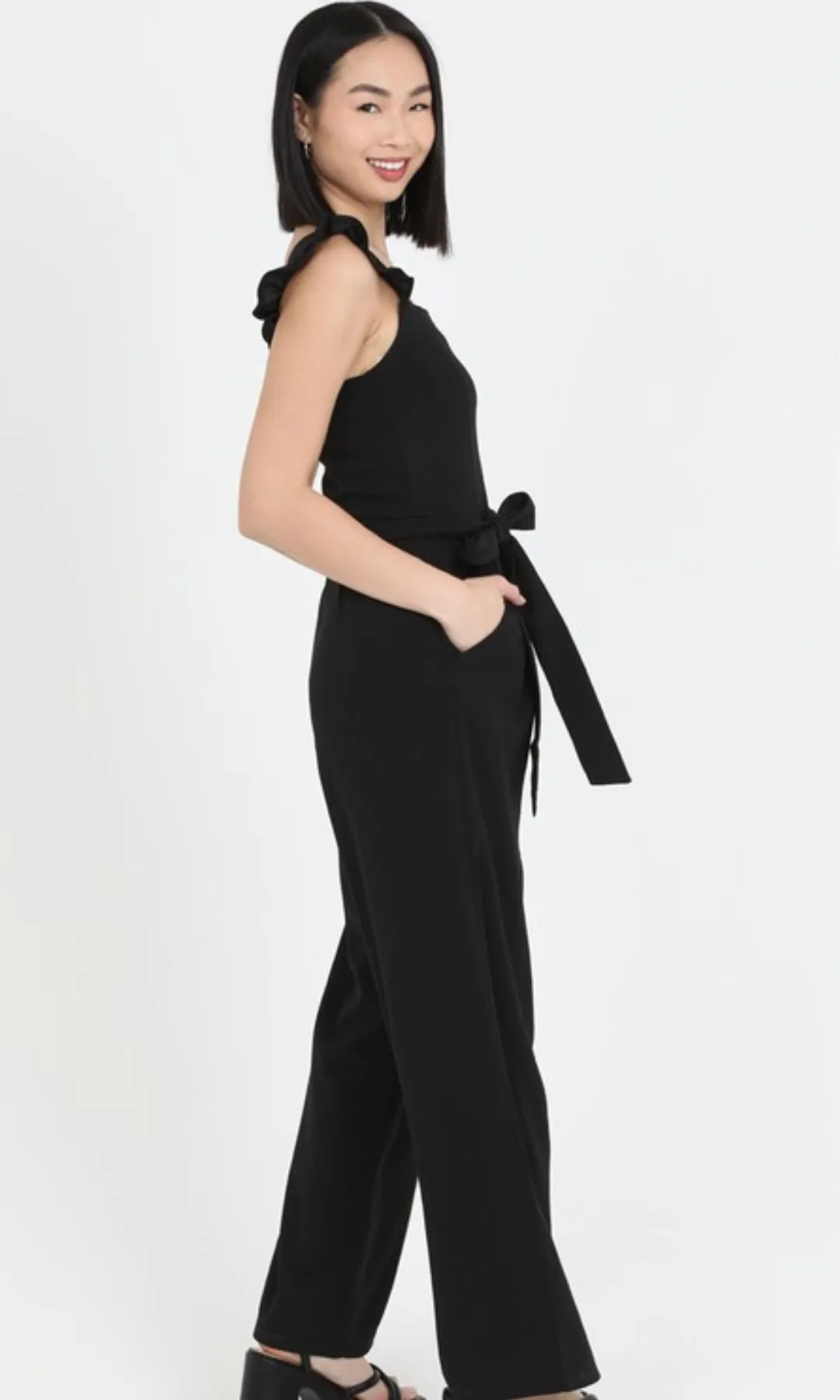 Cyndra Black Notch Neck Ruffle Strap Jumpsuit With Pockets
