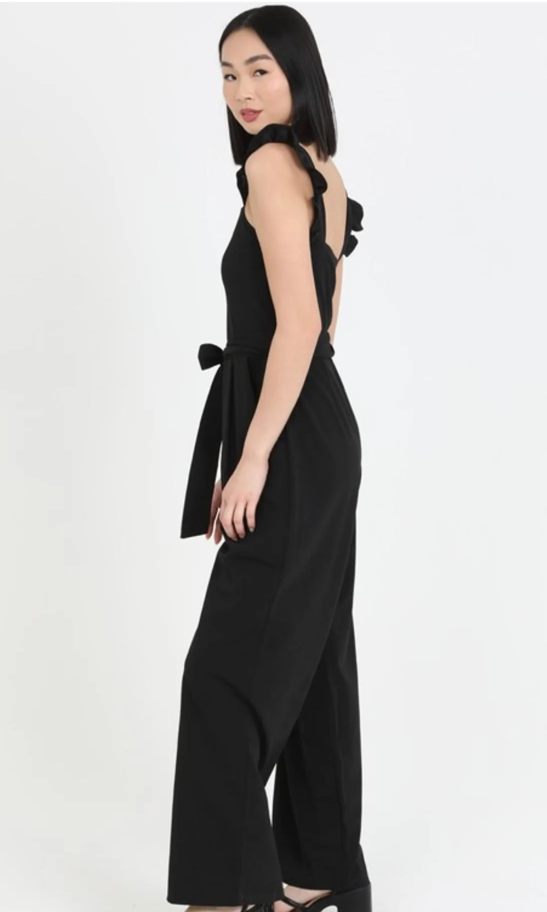 Cyndra Black Notch Neck Ruffle Strap Jumpsuit With Pockets