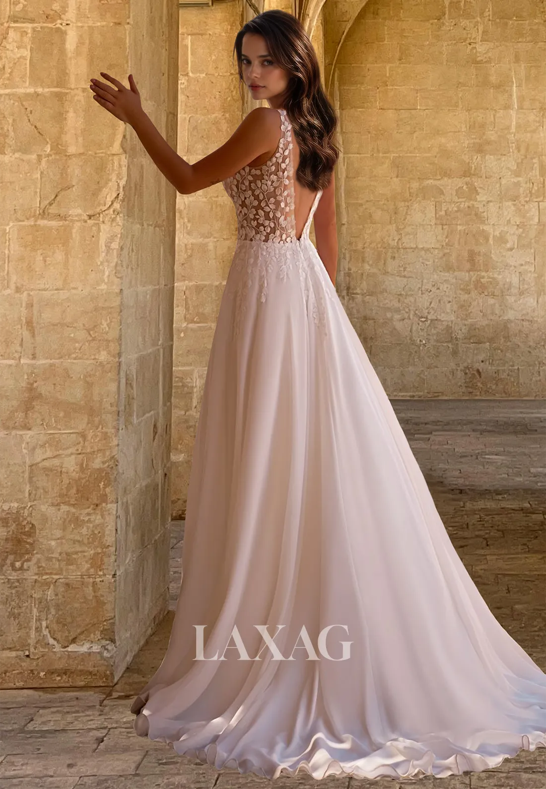 Deep V-Neck Sleeveless Pleated A-Line Wedding Dress Floral Embellished Cutout Chiffon Bride Gowns