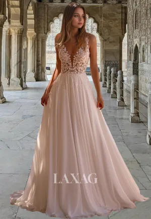 Deep V-Neck Sleeveless Pleated A-Line Wedding Dress Floral Embellished Cutout Chiffon Bride Gowns