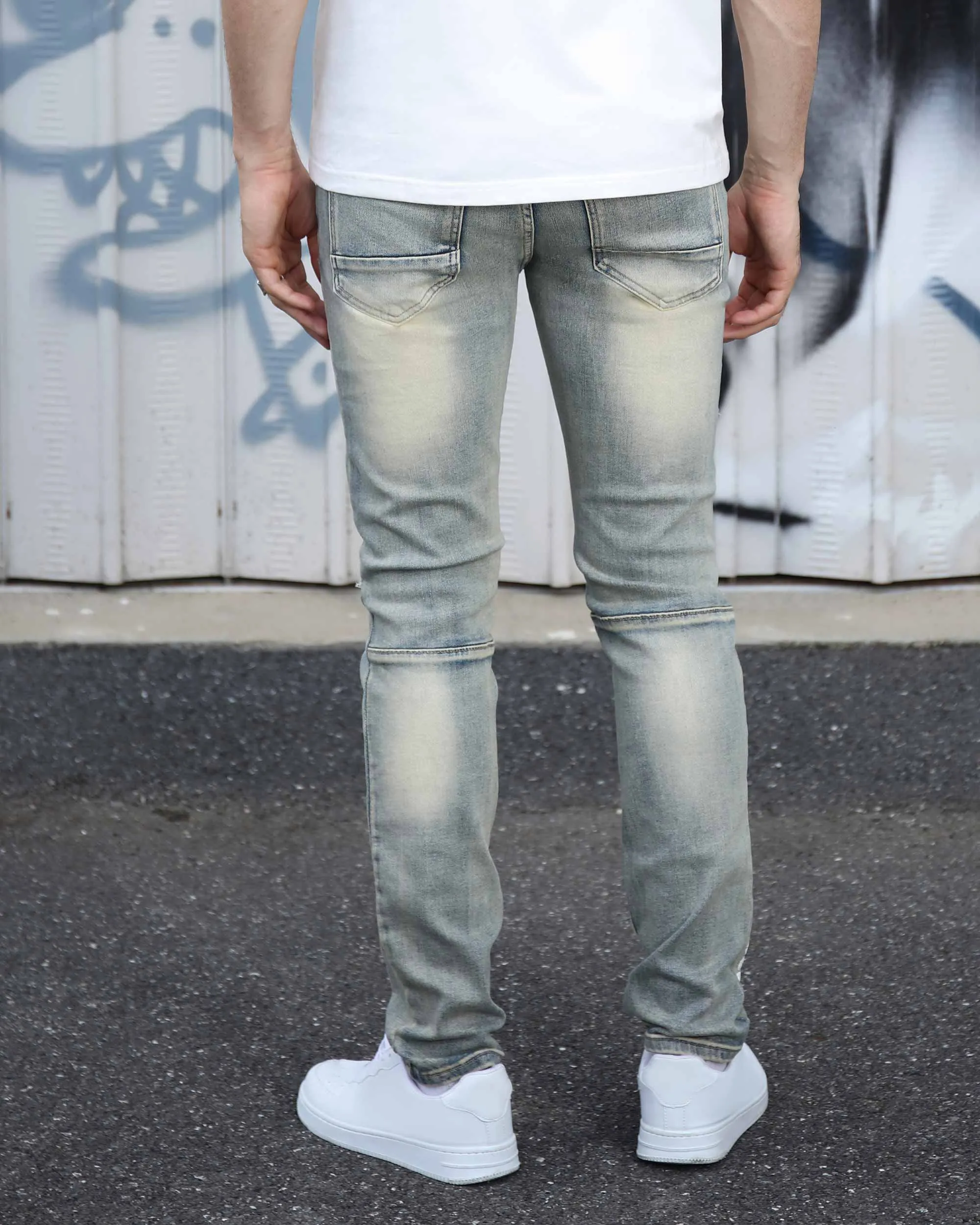 Distressed Light Wash Blue Ripped Jeans with Lion Motif Embroider-Mexico Local Delivery
