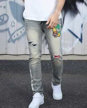 Distressed Light Wash Blue Ripped Jeans with Lion Motif Embroider-Mexico Local Delivery