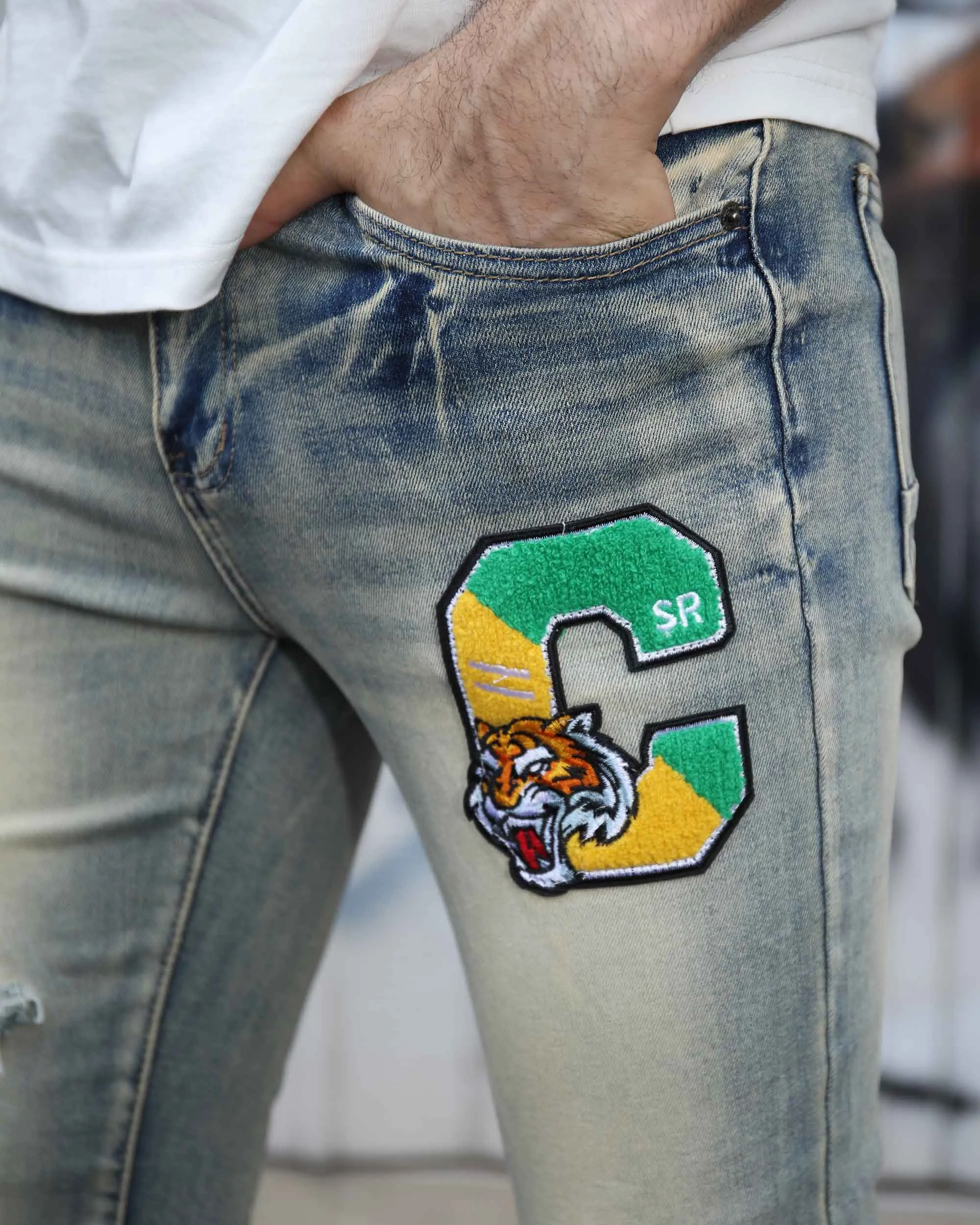 Distressed Light Wash Blue Ripped Jeans with Lion Motif Embroider-Mexico Local Delivery