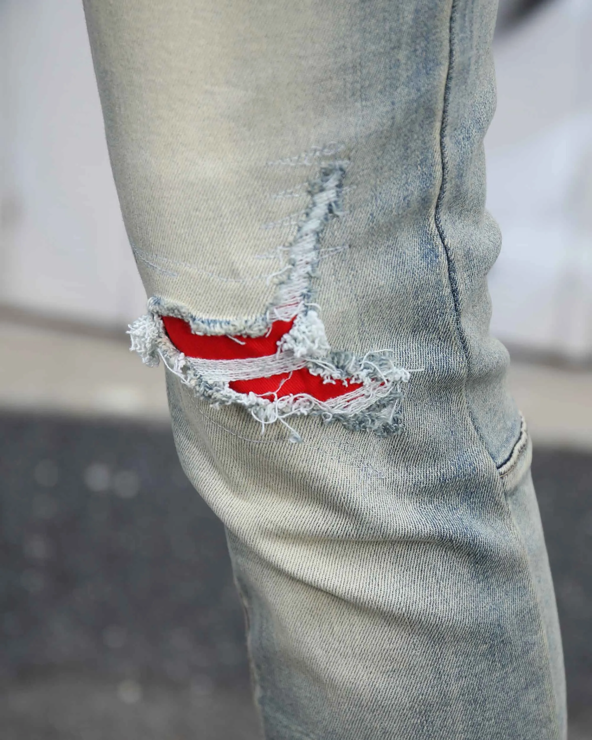 Distressed Light Wash Blue Ripped Jeans with Lion Motif Embroider-Mexico Local Delivery