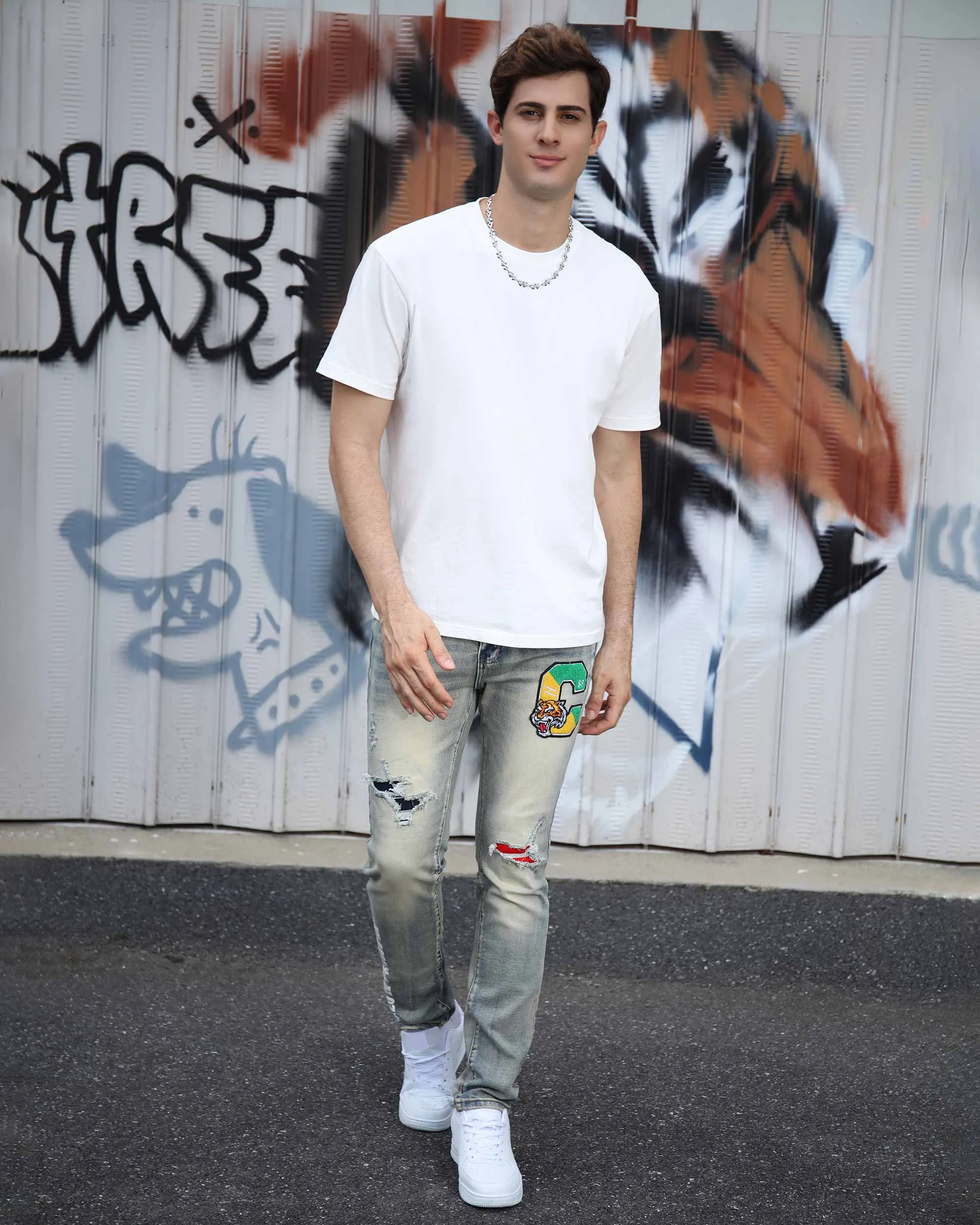 Distressed Light Wash Blue Ripped Jeans with Lion Motif Embroider-Mexico Local Delivery