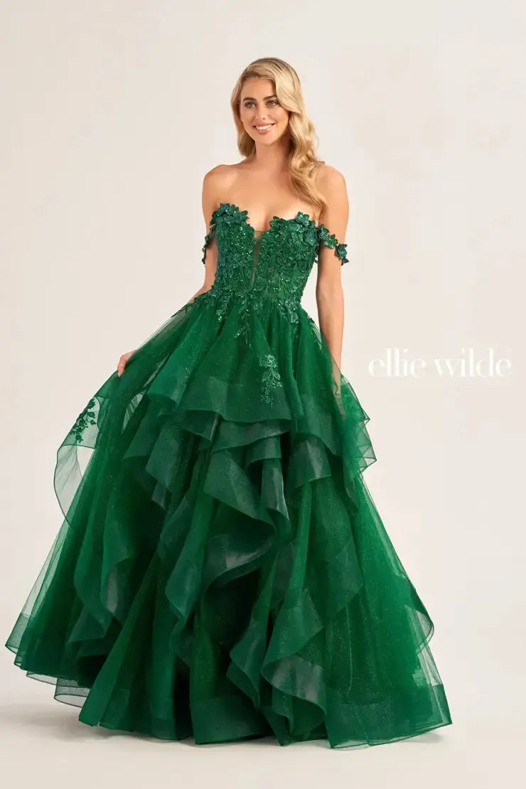 Ellie Wilde EW35084 Long Ruffle Shimmer Sequin Lace Ballgown Prom Dress Formal Sheer Gown