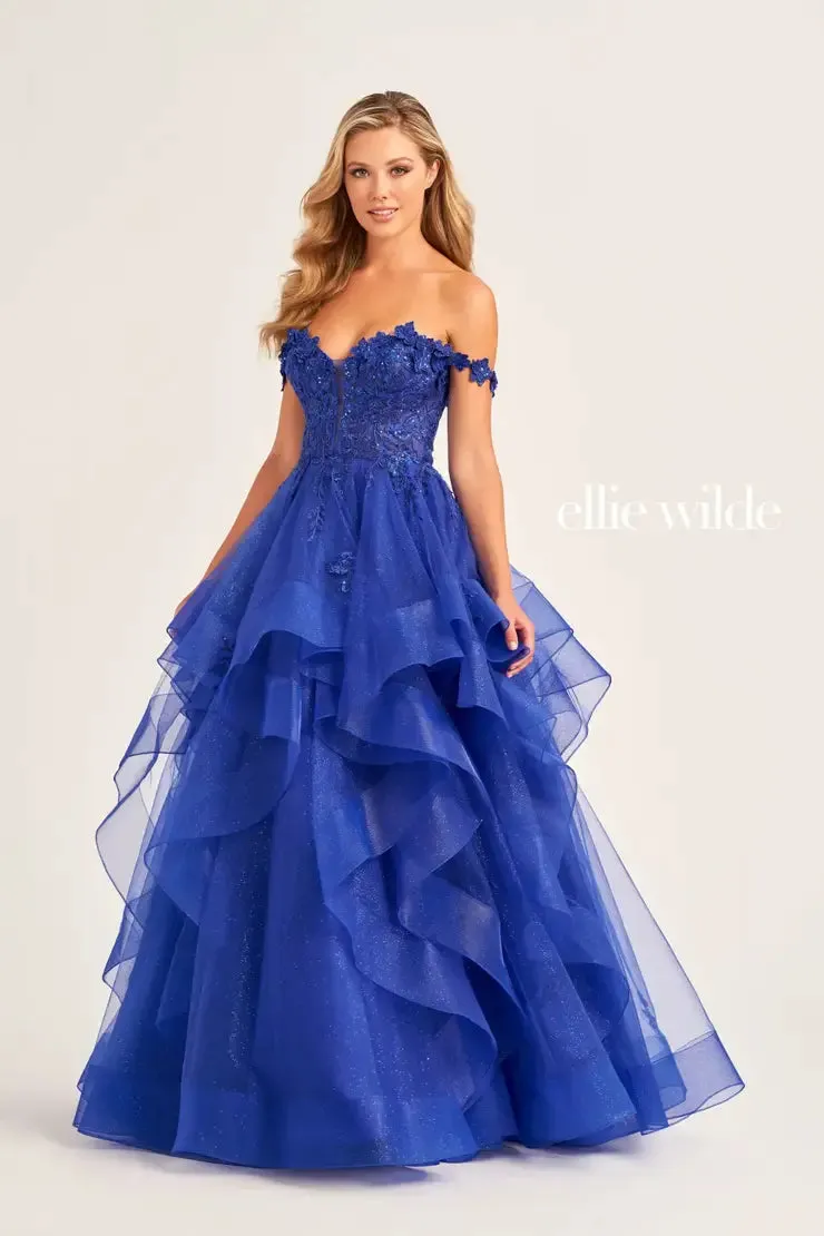 Ellie Wilde EW35084 Long Ruffle Shimmer Sequin Lace Ballgown Prom Dress Formal Sheer Gown