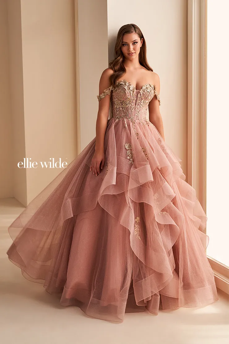Ellie Wilde EW35084 Long Ruffle Shimmer Sequin Lace Ballgown Prom Dress Formal Sheer Gown