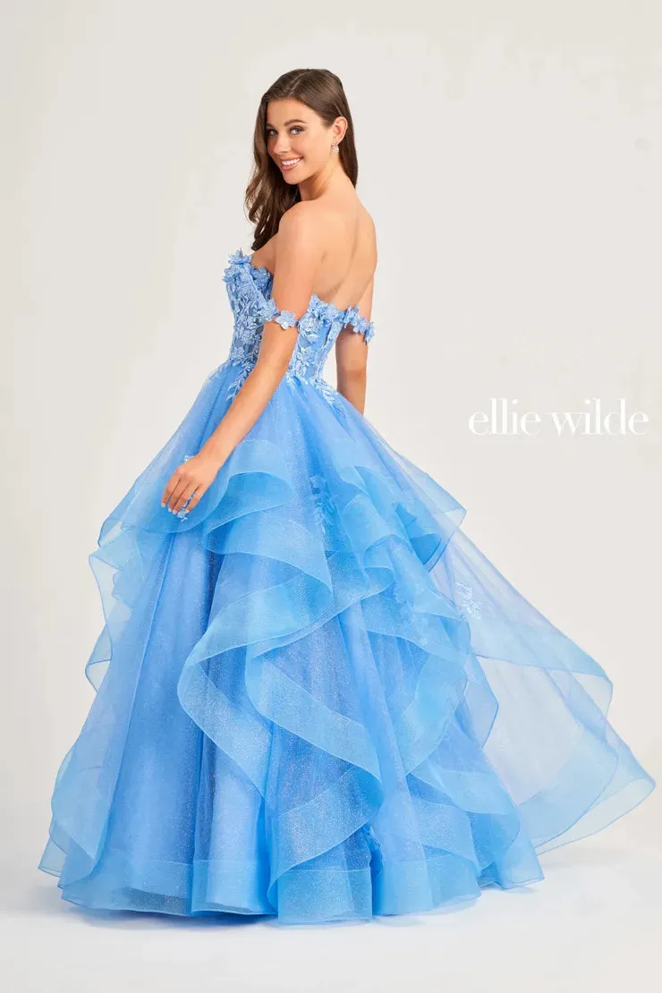 Ellie Wilde EW35084 Long Ruffle Shimmer Sequin Lace Ballgown Prom Dress Formal Sheer Gown