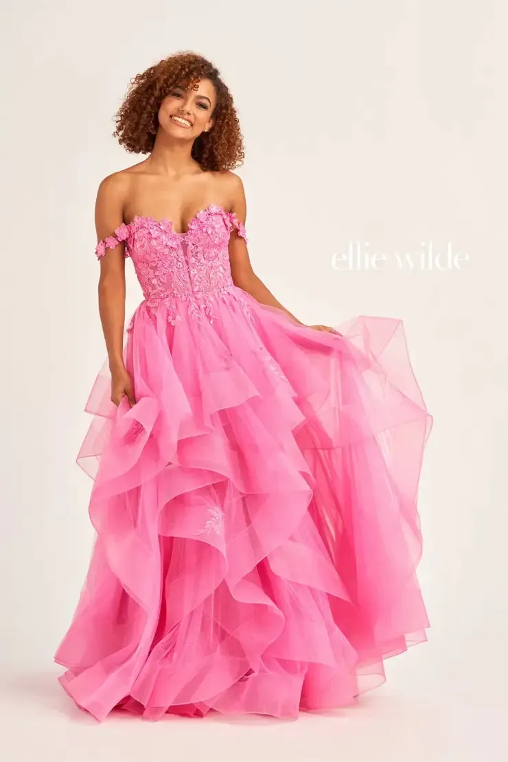Ellie Wilde EW35084 Long Ruffle Shimmer Sequin Lace Ballgown Prom Dress Formal Sheer Gown