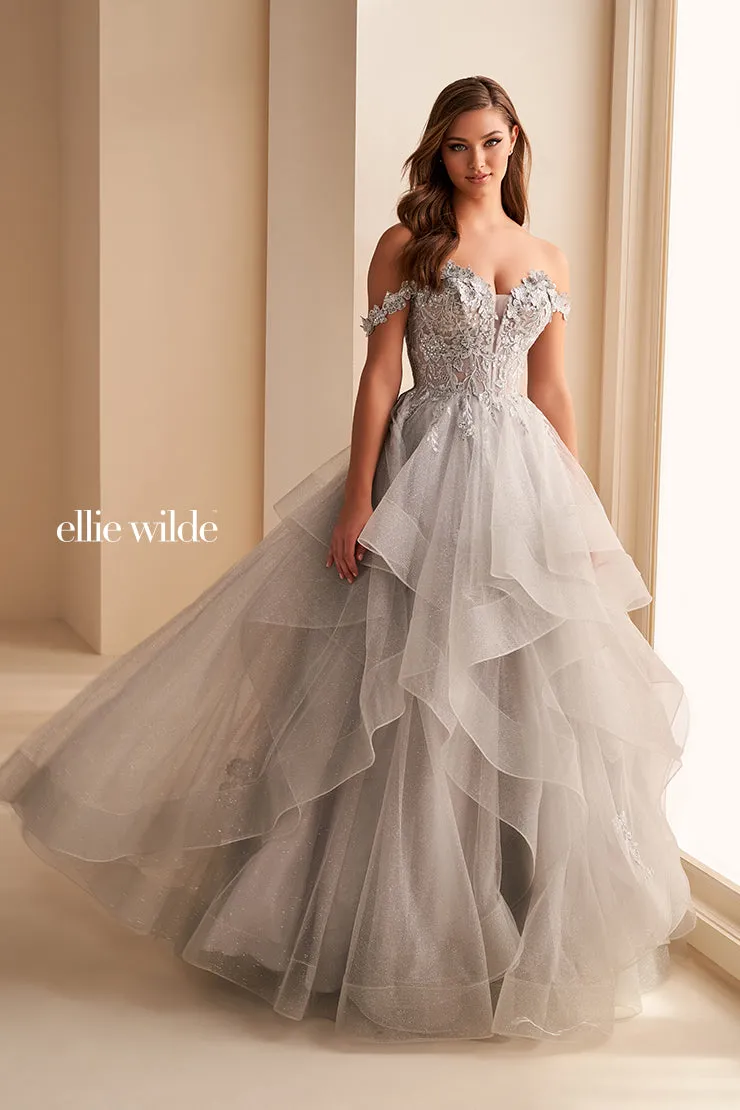Ellie Wilde EW35084 Long Ruffle Shimmer Sequin Lace Ballgown Prom Dress Formal Sheer Gown