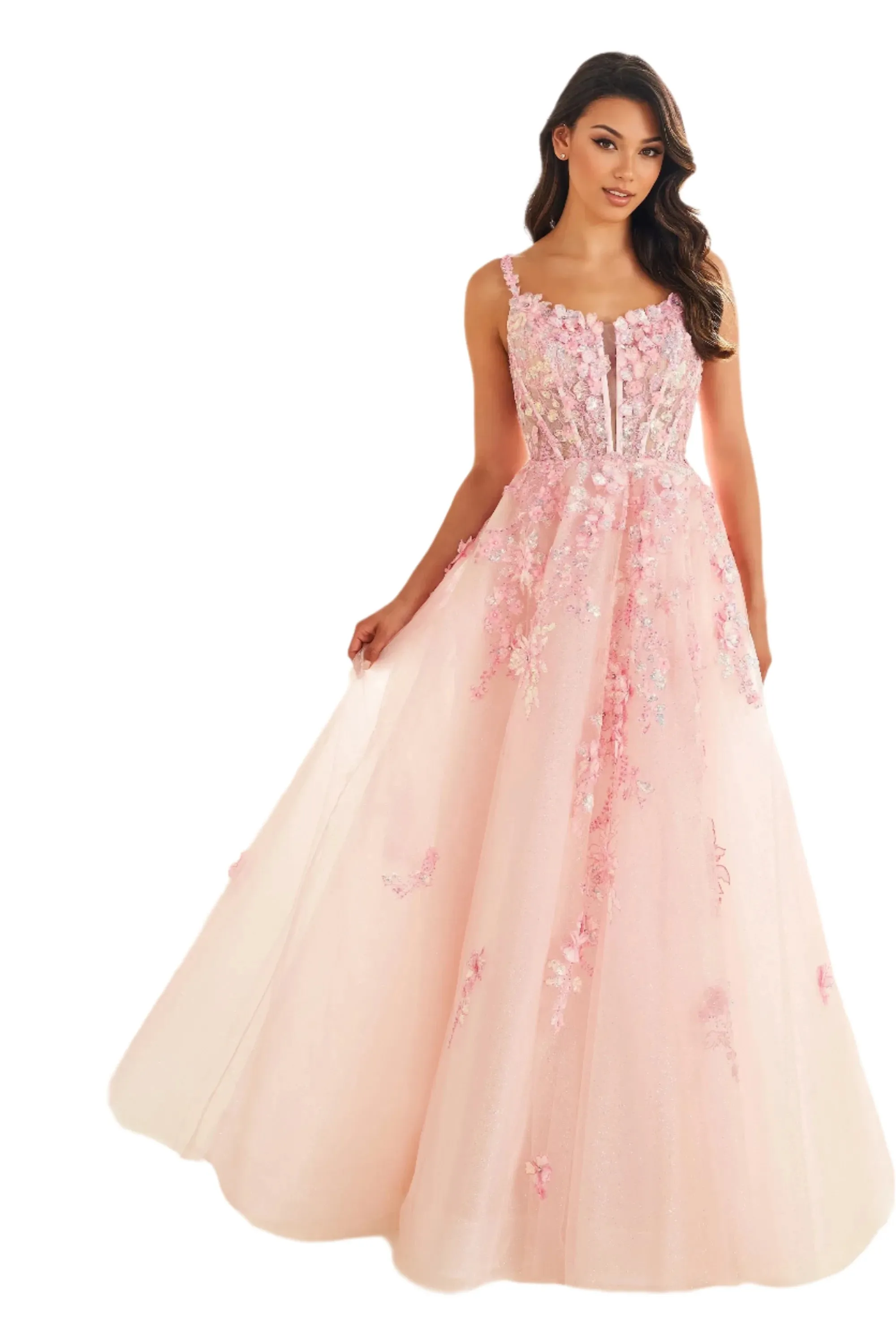 Ellie Wilde EW36213 Sheer Lace Corset A Line Prom Dress Shimmer V Neck formal Gown