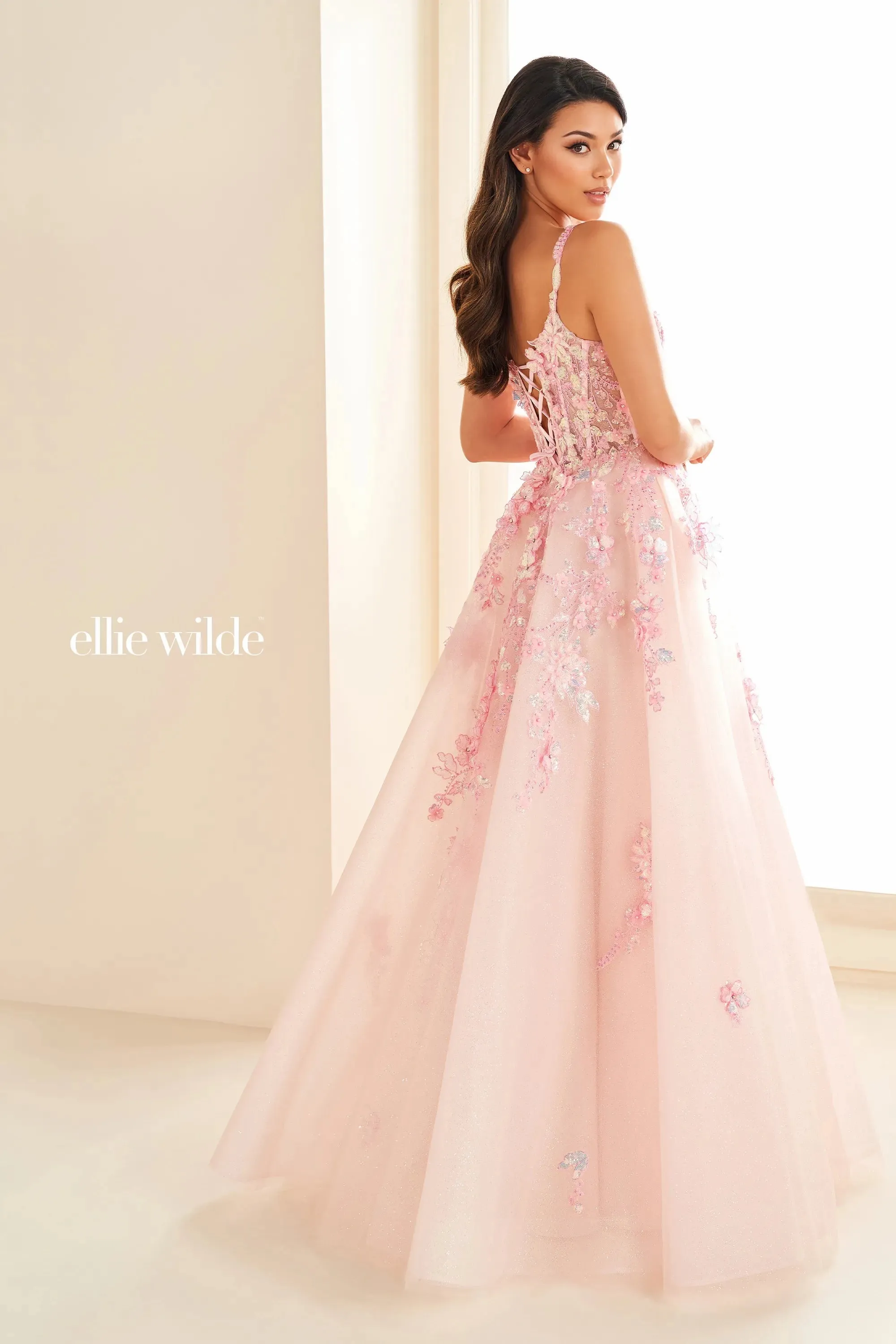 Ellie Wilde EW36213 Sheer Lace Corset A Line Prom Dress Shimmer V Neck formal Gown