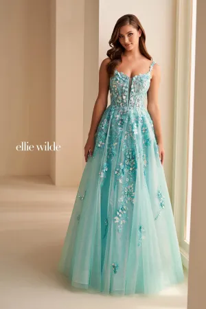Ellie Wilde EW36213 Sheer Lace Corset A Line Prom Dress Shimmer V Neck formal Gown