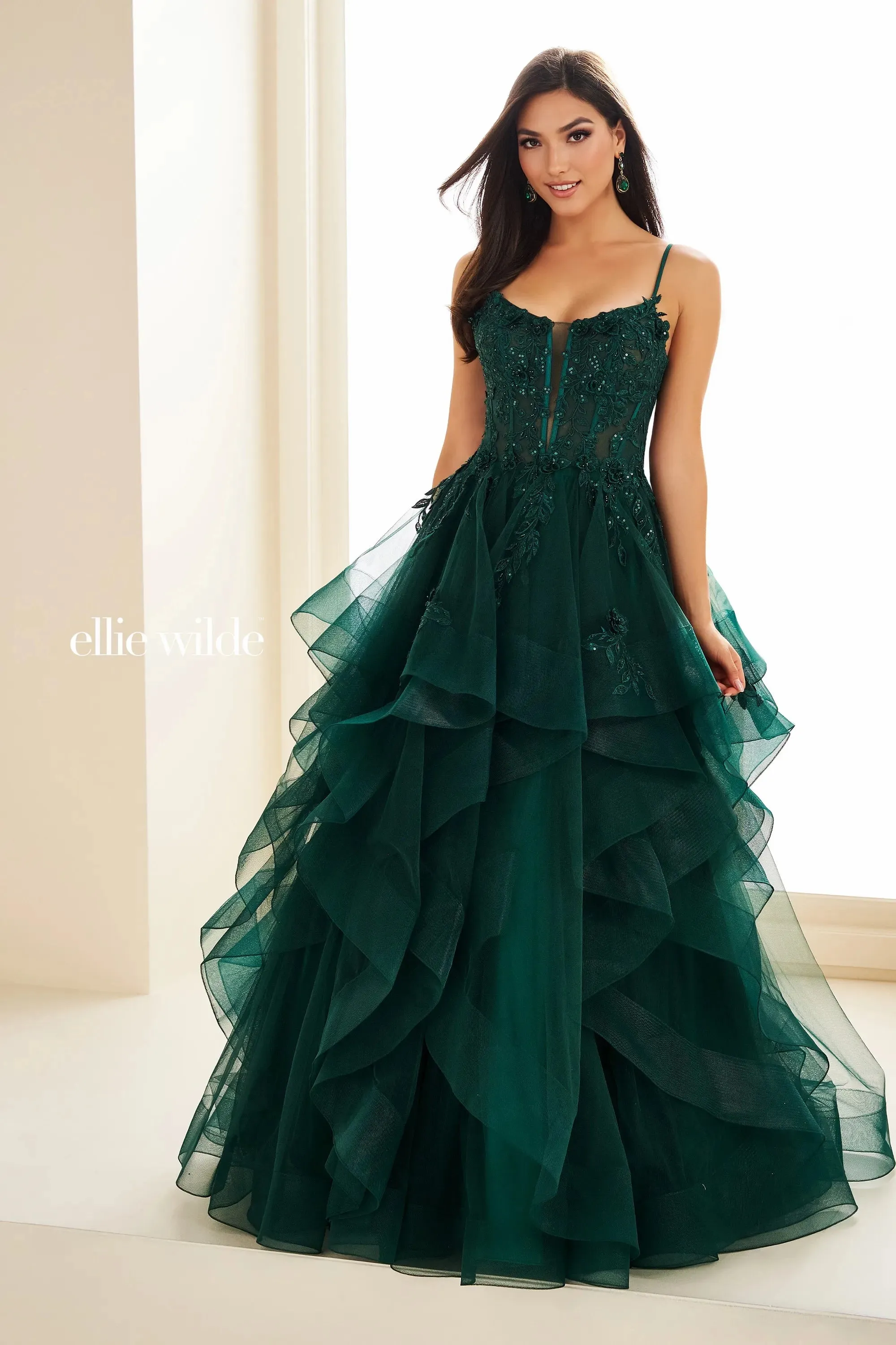 Ellie Wilde EW36225 Size 2 Black Sheer Lace Corset Ball Gown Prom Dress Layer Corset Formal Evening