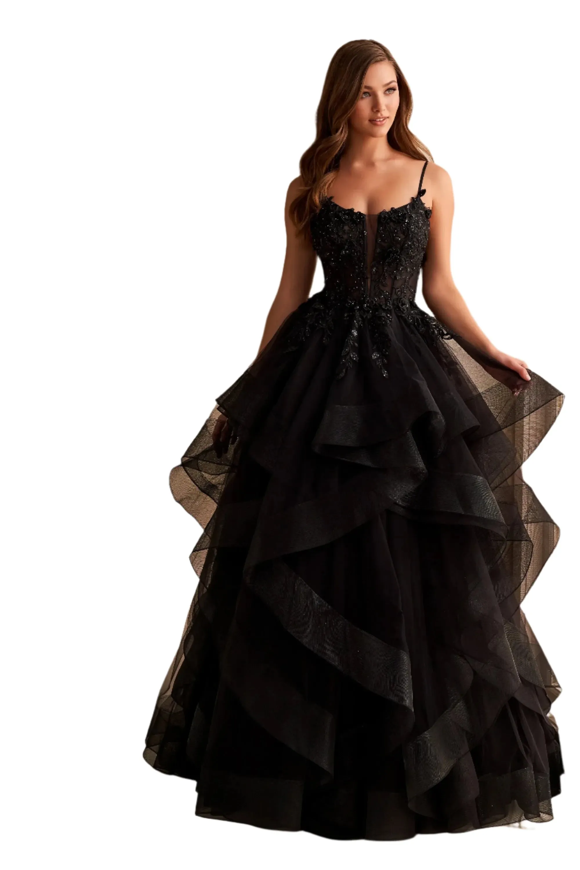 Ellie Wilde EW36225 Size 2 Black Sheer Lace Corset Ball Gown Prom Dress Layer Corset Formal Evening