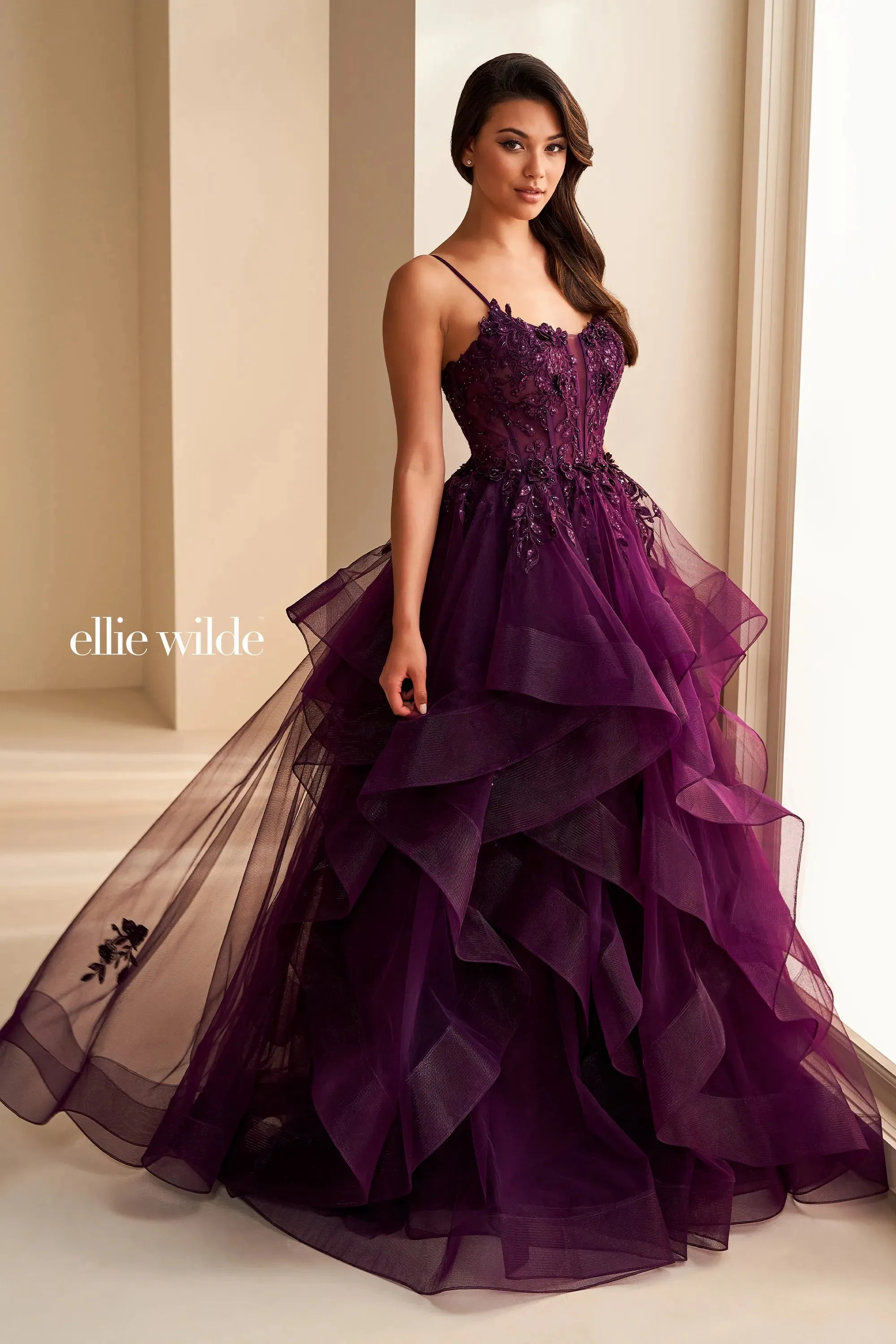 Ellie Wilde EW36225 Size 2 Black Sheer Lace Corset Ball Gown Prom Dress Layer Corset Formal Evening
