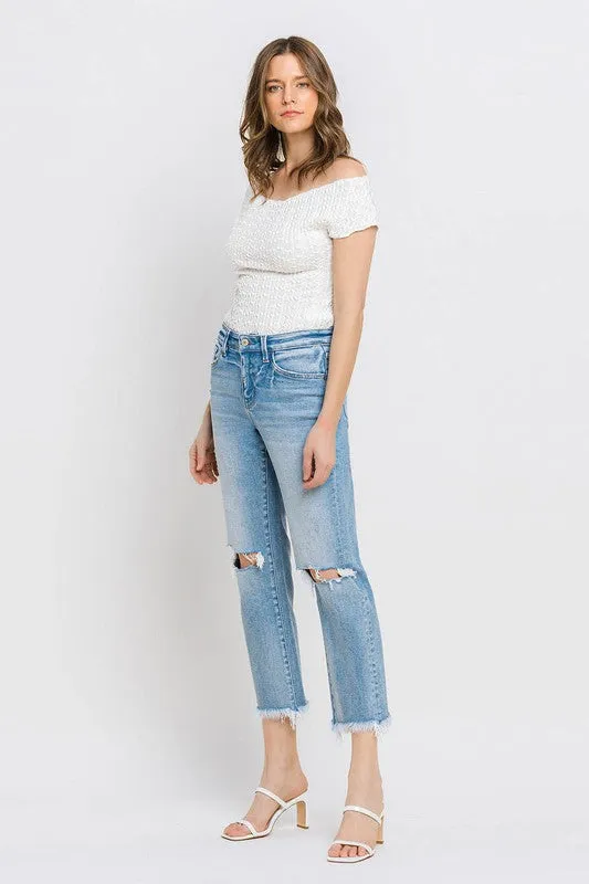 Explore More Collection - High Rise Frayed Hem Crop Straight Jeans