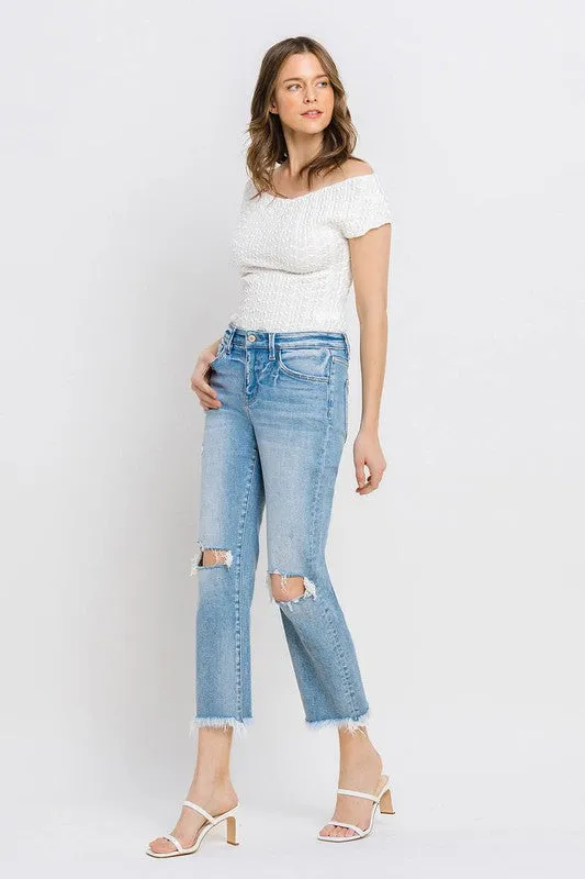 Explore More Collection - High Rise Frayed Hem Crop Straight Jeans