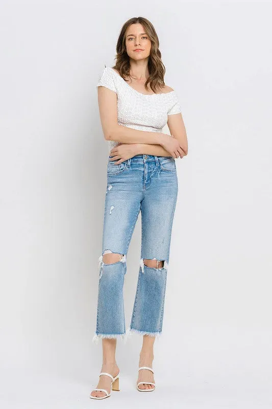Explore More Collection - High Rise Frayed Hem Crop Straight Jeans
