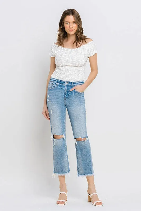 Explore More Collection - High Rise Frayed Hem Crop Straight Jeans