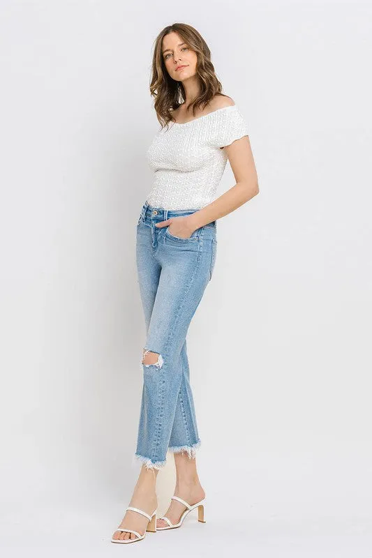 Explore More Collection - High Rise Frayed Hem Crop Straight Jeans