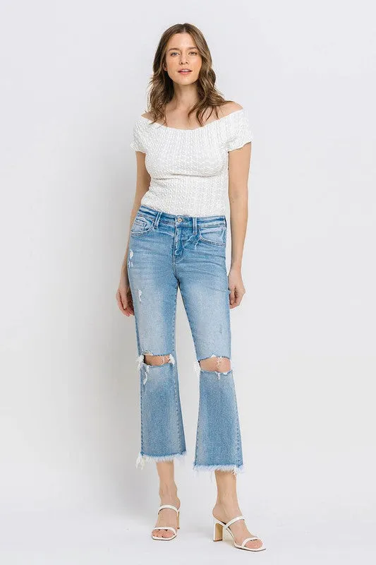 Explore More Collection - High Rise Frayed Hem Crop Straight Jeans