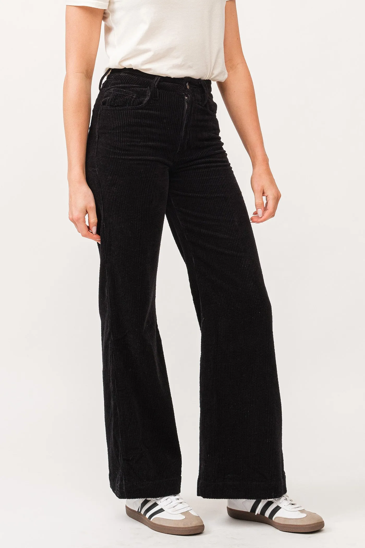 FIONA HIGH RISE CLEAN HEM WIDE LEG PANTS BLACK CORDUROY