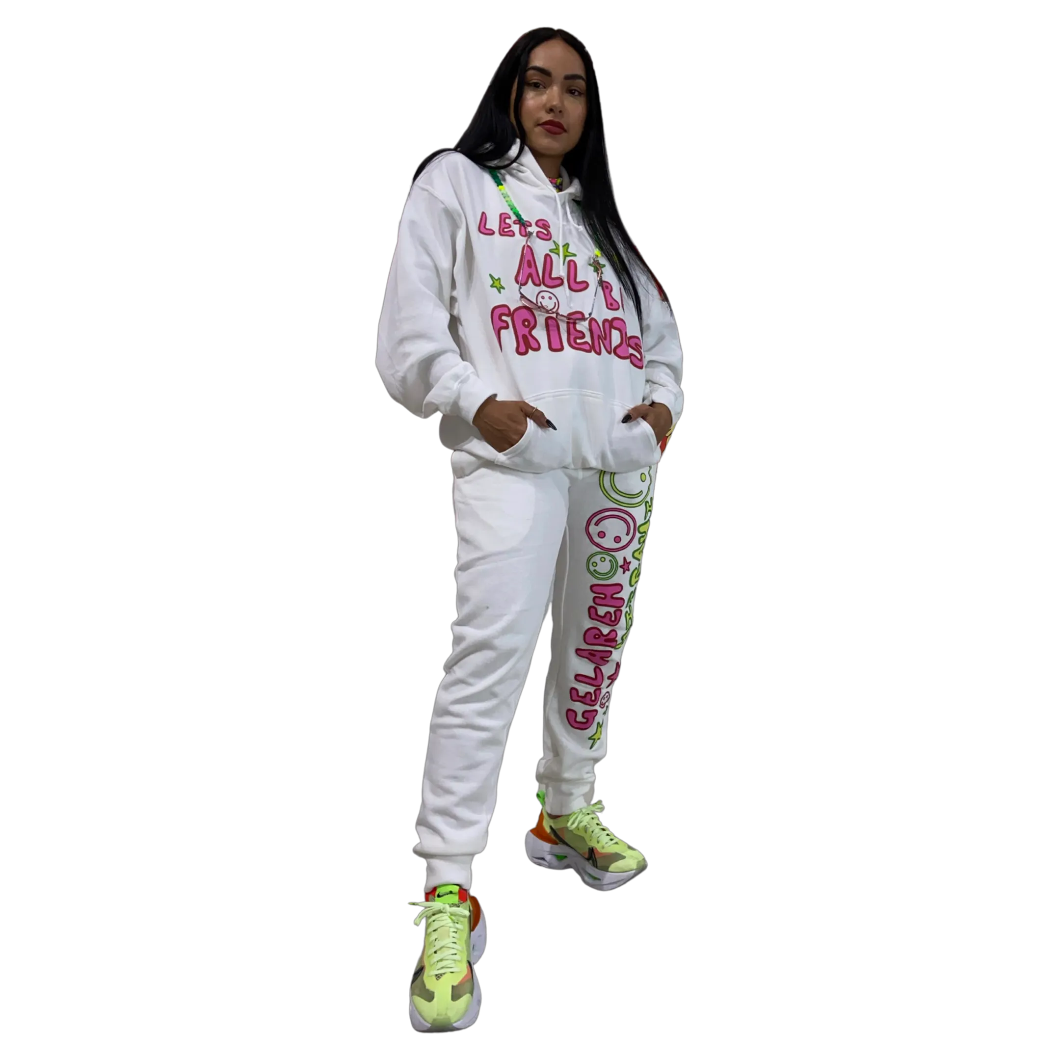 GELAREH MIZRAHI LETS ALL BE FRIENDS WHITE SWEATPANTS WITH MULTI-COLOR PRINT