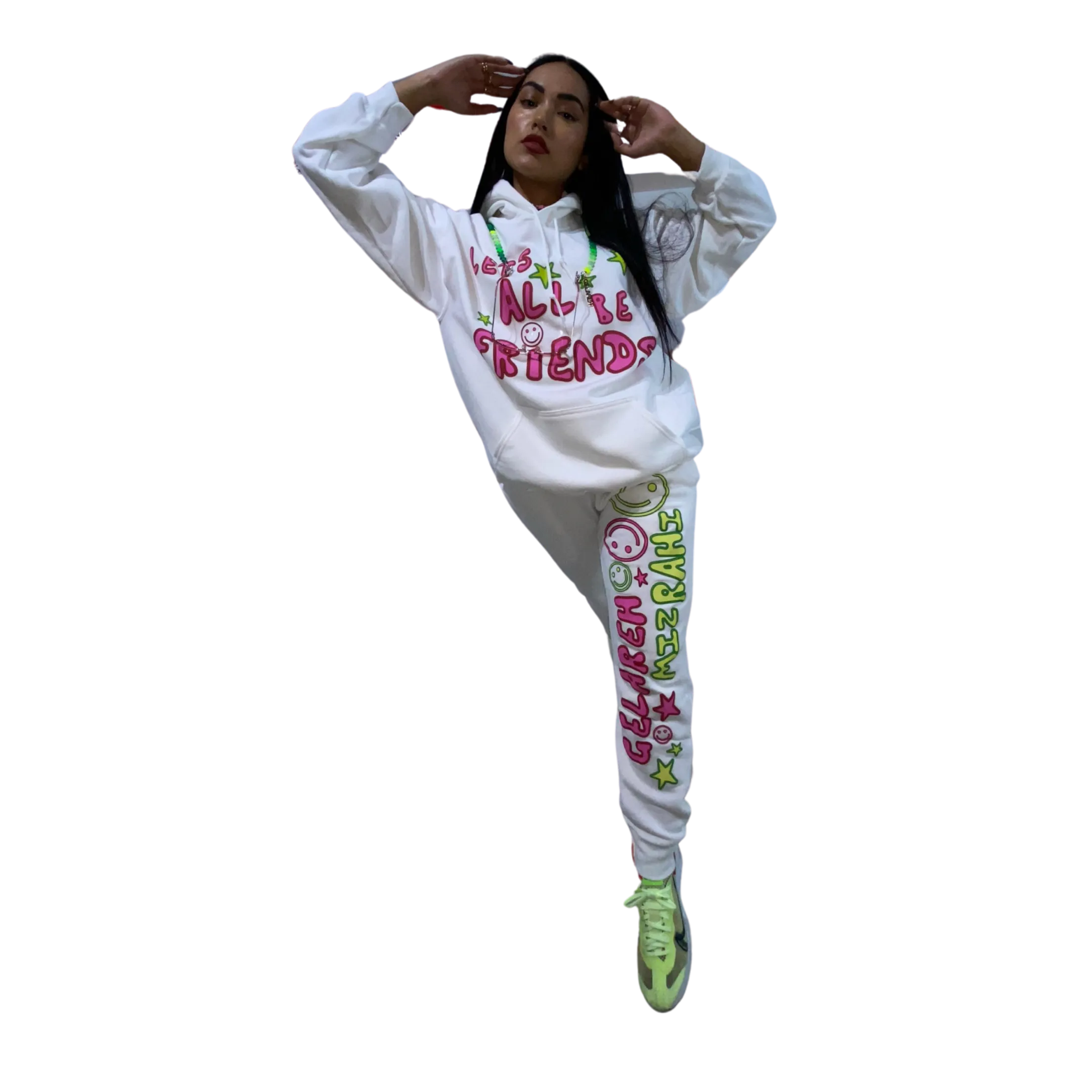 GELAREH MIZRAHI LETS ALL BE FRIENDS WHITE SWEATPANTS WITH MULTI-COLOR PRINT