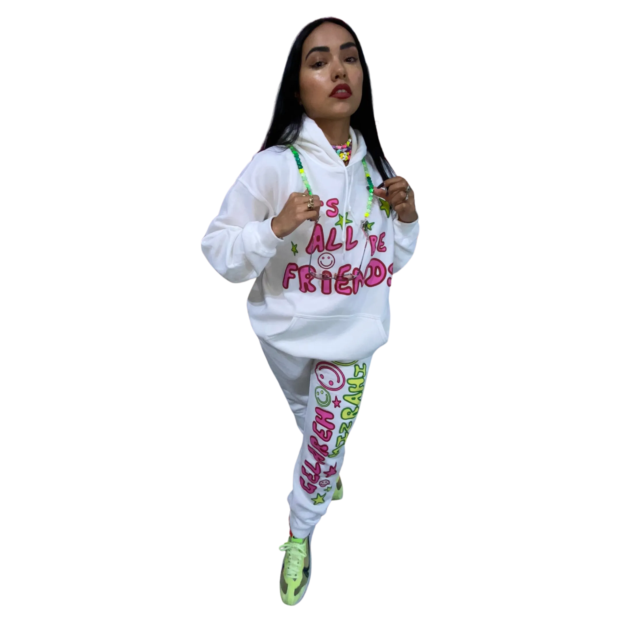 GELAREH MIZRAHI LETS ALL BE FRIENDS WHITE SWEATPANTS WITH MULTI-COLOR PRINT