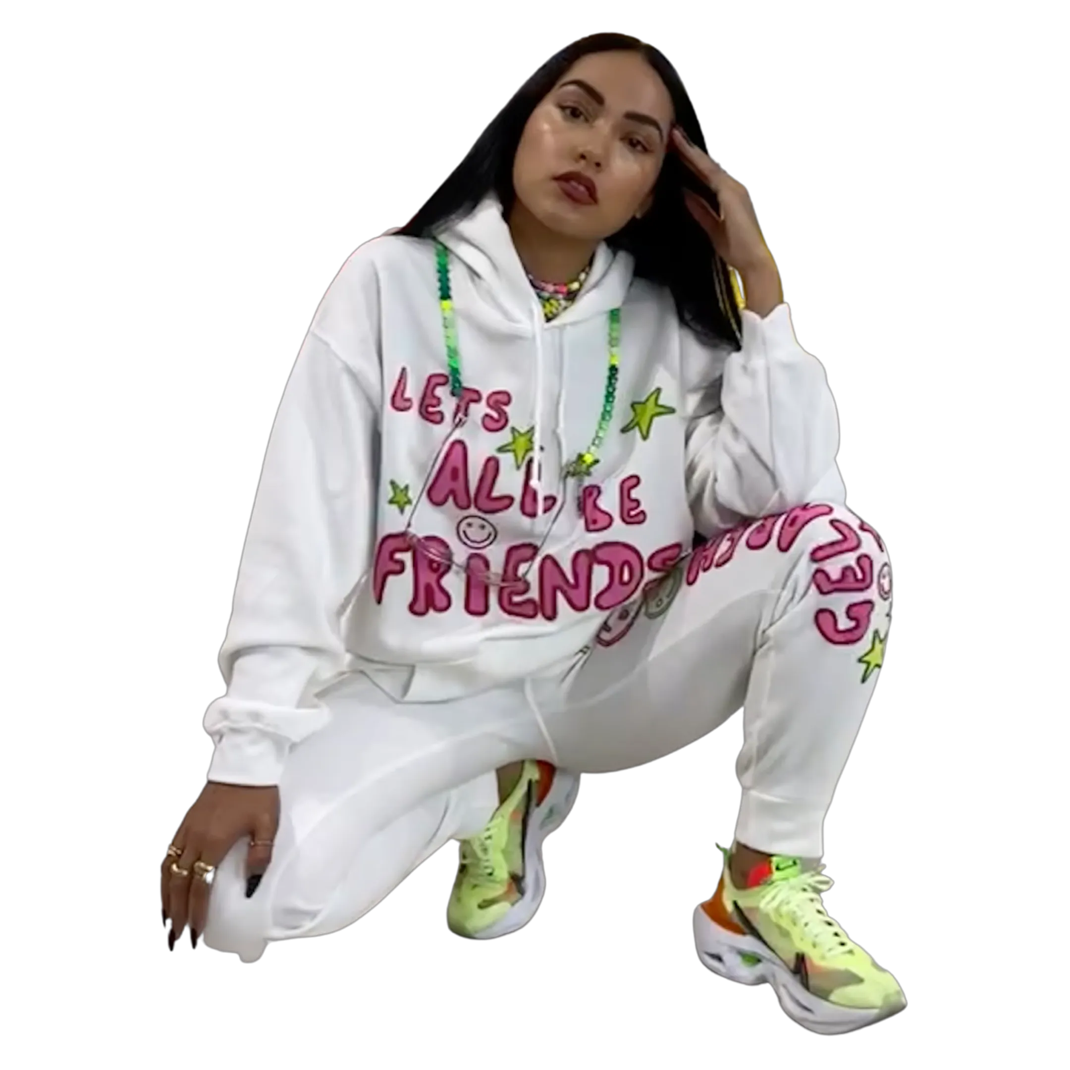GELAREH MIZRAHI LETS ALL BE FRIENDS WHITE SWEATPANTS WITH MULTI-COLOR PRINT
