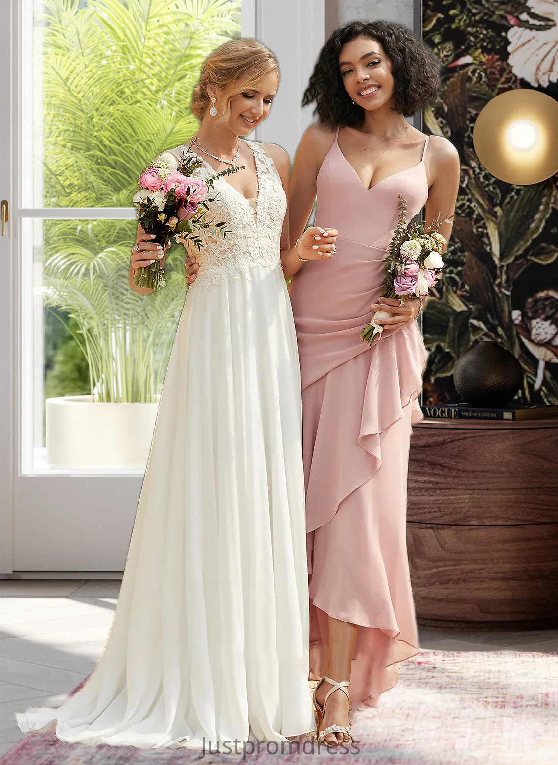 Hayley Trumpet/Mermaid V-neck Asymmetrical Bridesmaid Dress With Ruffle HHP0013094