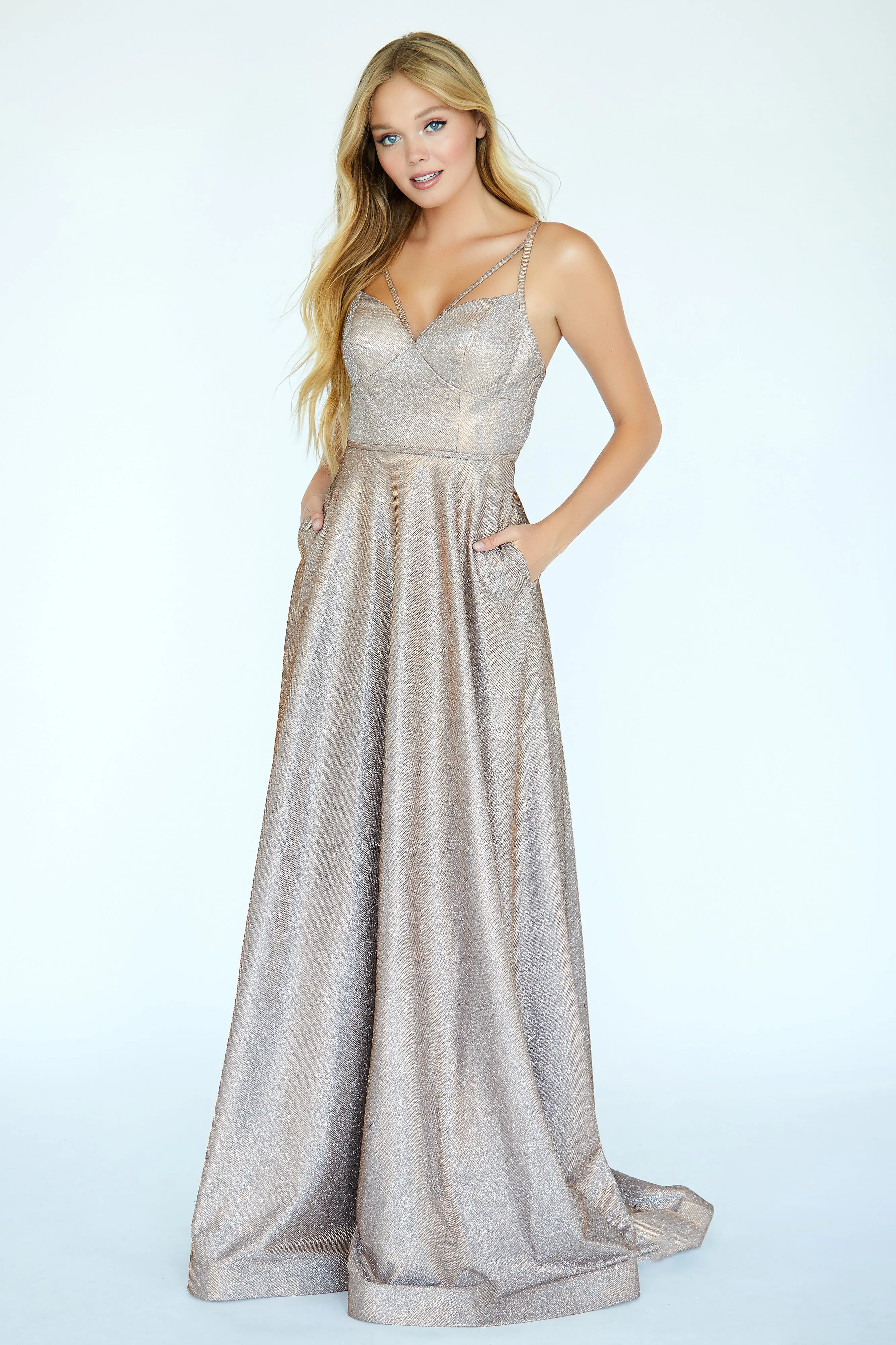 Jolene Exclusive 20016 Size 2 Copper Long Glitter A Line Prom Dress Pockets Open Back Formal