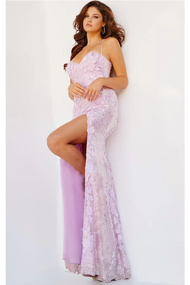 Jovani 06109 Long Sequin Floral Applique Formal Prom Dress Slit Backless Pageant