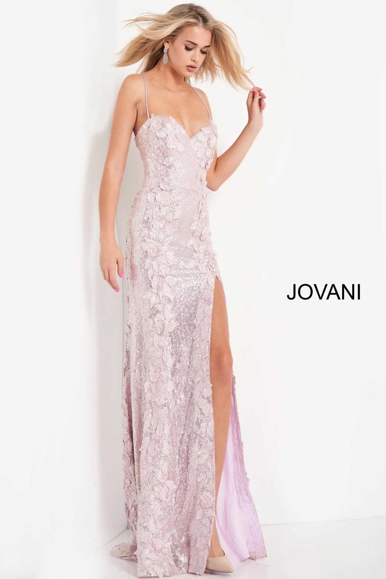 Jovani 06109 Long Sequin Floral Applique Formal Prom Dress Slit Backless Pageant