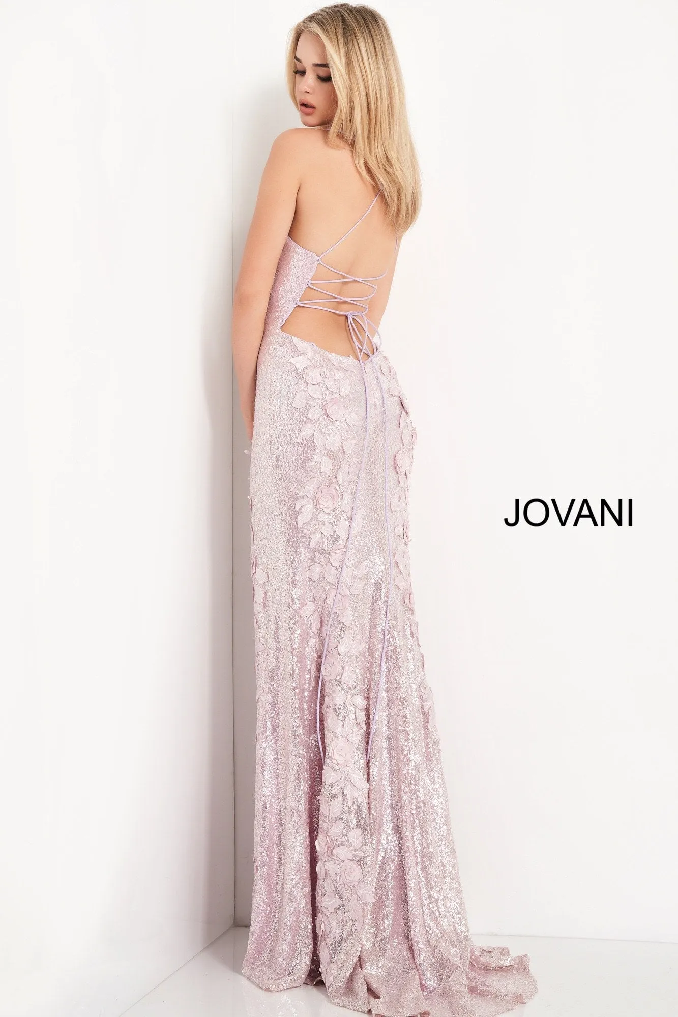 Jovani 06109 Long Sequin Floral Applique Formal Prom Dress Slit Backless Pageant