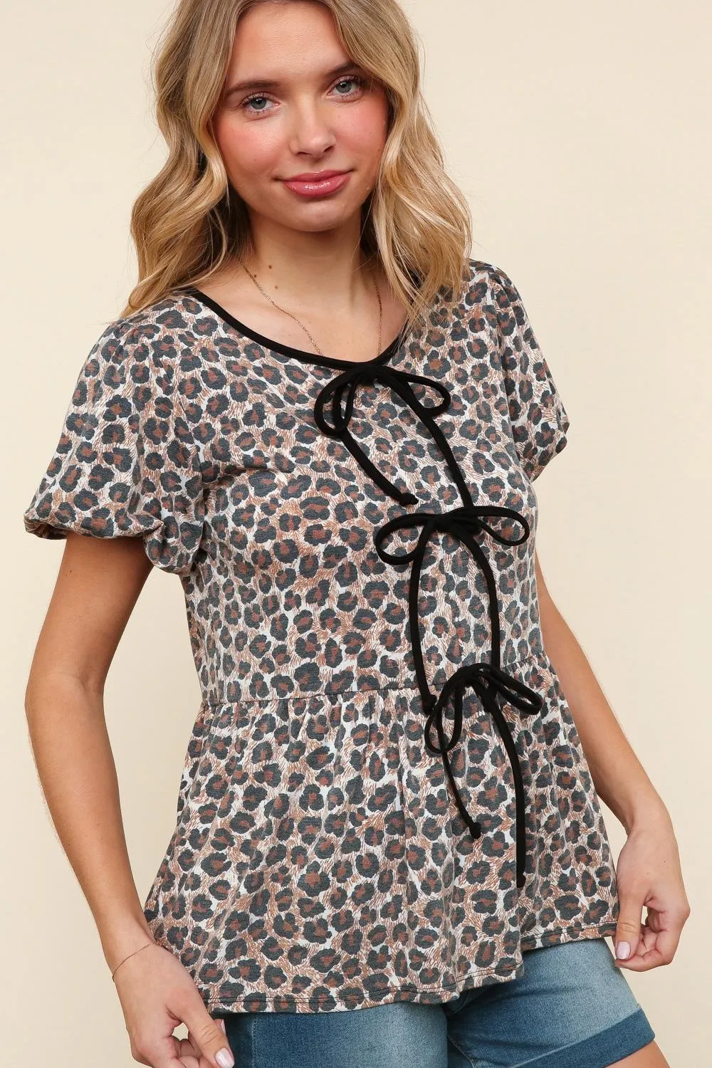 KNIT BABYDOLL TOP W/ RIBBON BOW TIE DETAIL