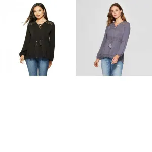 Knox Rose Women's Long Sleeve Crochet Hem Lace-Up Neck Blouse Top Shirt