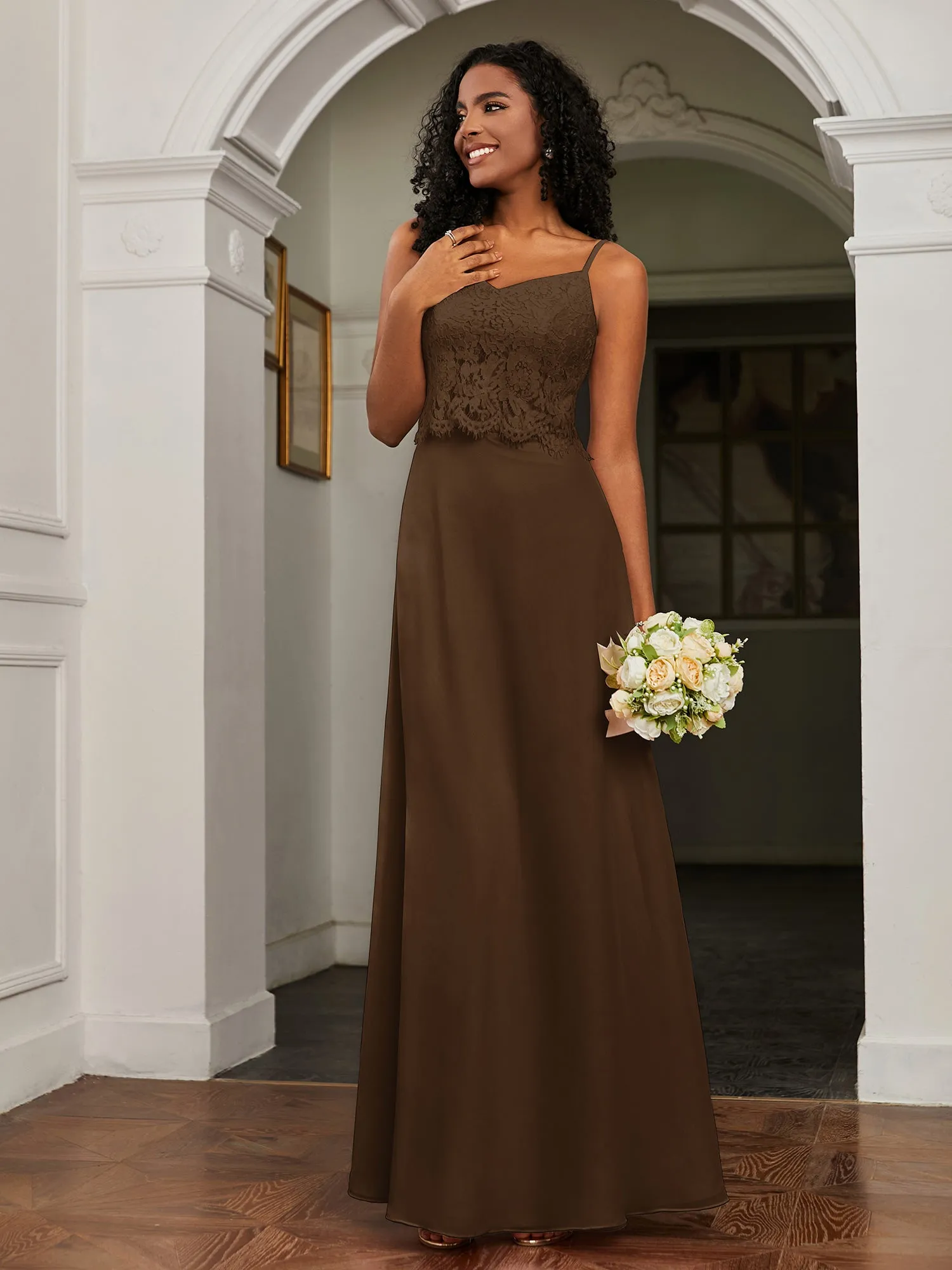 Lace Appliqued  Backless Chiffon A-Line Dress Brown Plus Size